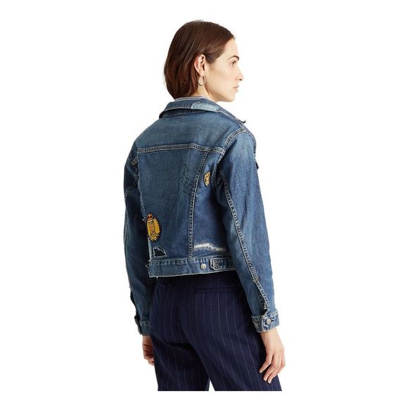 RALPH LAUREN Womens Blue Distressed Patchwork Boxy Button Up Denim Jacket M - Picture 2 of 3